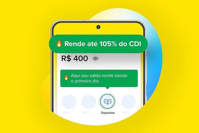 Arte desenvolvida para relatar a facilidade em fazer dinheiro render com a Conta Mercado Pago. Banner com fundo amarelo, feijão em degradê entre amarelo, branco e azul, e um smartphone com a conta Mercado Pago  em aberto, com saldo de R$ 400 disponível e frases como “Rende até 105% do CDI” e “Aqui seu saldo rende desde o primeiro dia”.