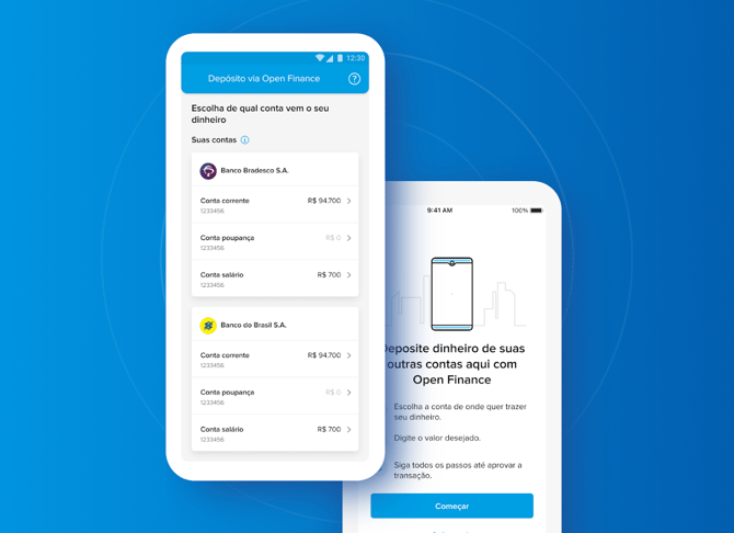 Duas telas de celular mostrando o processo de fazer Pix via Open Finance, a nova forma de trazer dinheiro para sua Conta Mercado Pago