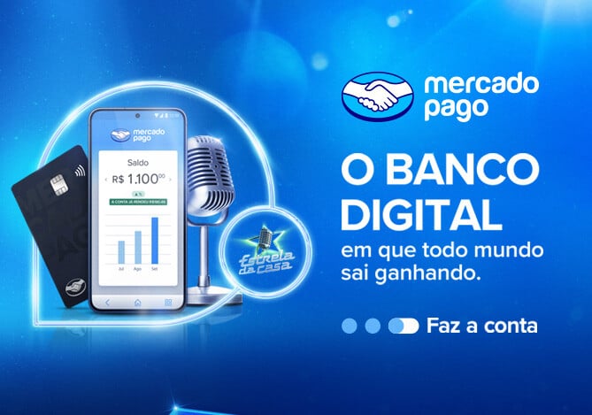 Imagem ilustrativa da Campanha Mercado Pago Estrela da Casa com um celular mostrando a Conta Mercado Pago, um Cartão Mercado Pago e um microfone. Na imagem, é possível ler a frase: “O banco digital em que todo mundo sai ganhando. Faz a conta.