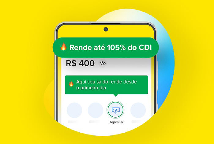 Arte desenvolvida para relatar a facilidade em fazer dinheiro render com a Conta Mercado Pago. Banner com fundo amarelo, feijão em degradê entre amarelo, branco e azul, e um smartphone com a conta Mercado Pago  em aberto, com saldo de R$ 400 disponível e frases como “Rende até 105% do CDI” e “Aqui seu saldo rende desde o primeiro dia”.