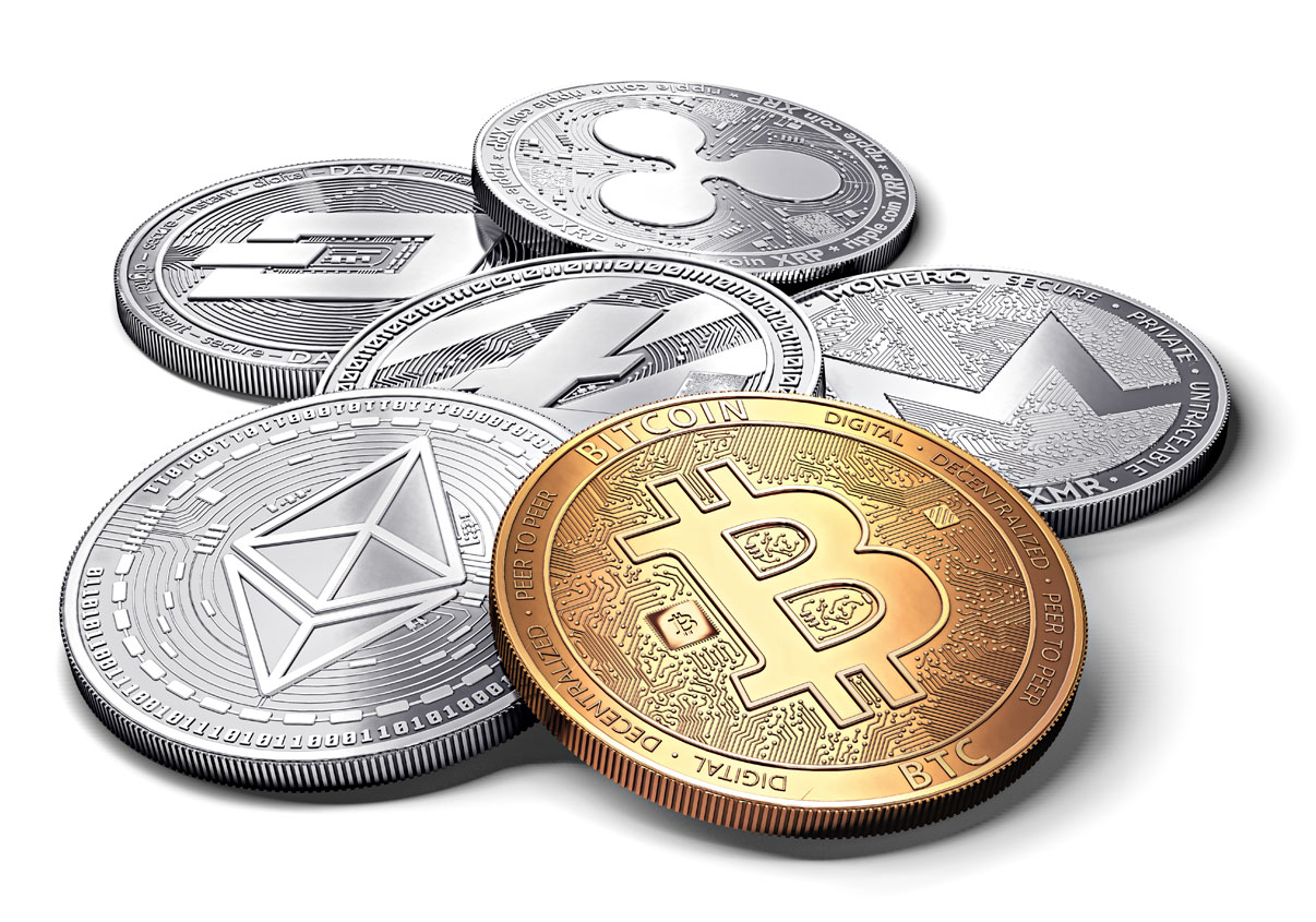 Um monte com diferentes tipos de criptomoedas, incluindo o bitcoin