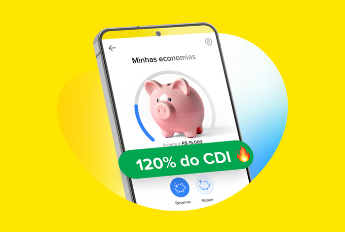 Mercado Pago: celular com tela aberta mostrando como funcionam os Cofrinhos do Mercado Pago, com destaque para o rendimento a 120% do CDI.
