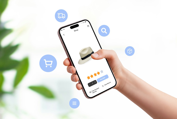 Mercado Pago: mão segurando um celular, com a tela aberta em um produto à venda e ícones de segurança ao redor, representando compras na internet protegidas. 