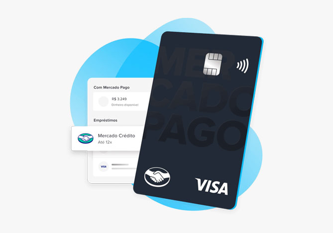 Ilustração com o cartão Mercado Pago e a interface do app para você organizar seu controle de orçamento e melhorar sua saúde financeira