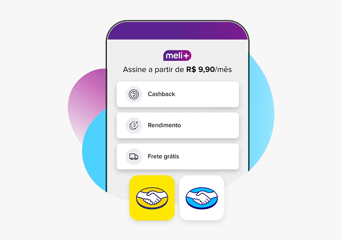 Imagem ilustrativa de um celular com a opção de assinatura de um dos planos de assinatura do Meli+, o Plano Essencial. Na tela é possível ler o texto: “Assine a partir de R$9,90/mês” e logo abaixo, na tela do celular, há ícones representando alguns dos benefícios do plano de assinatura: cashback, rendimento e frete grátis. Na imagem, também é possível ver o logo do Mercado Livre e do Mercado Pago.